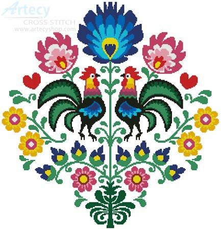 Polish Folk Design with Roosters Cross Stitch Pattern birds